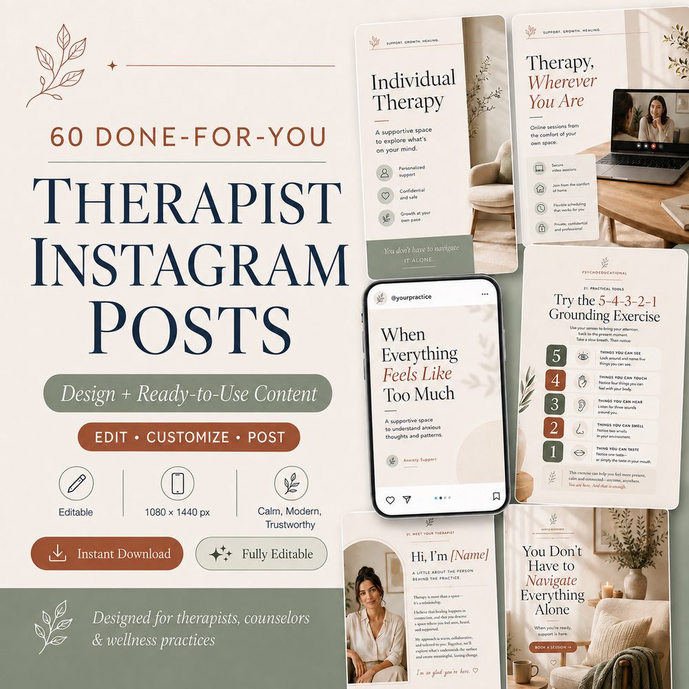 Terapist Instagram şablonu — 60 Done-for-You Therapist Instagram Posts önizlemesi