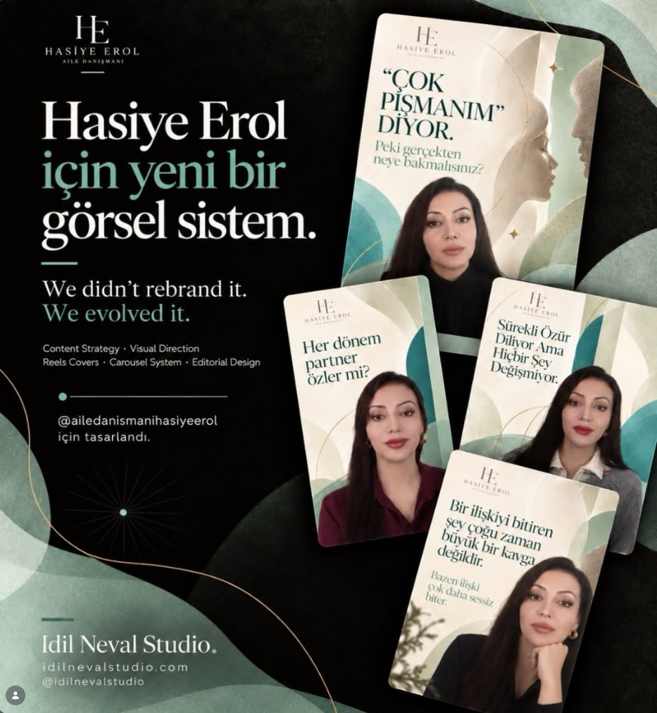 Hasiye Erol için pastel yeşil ve krem tonlarda hazırlanan Reels kapakları ve carousel tasarımlarını gösteren portföy görseli