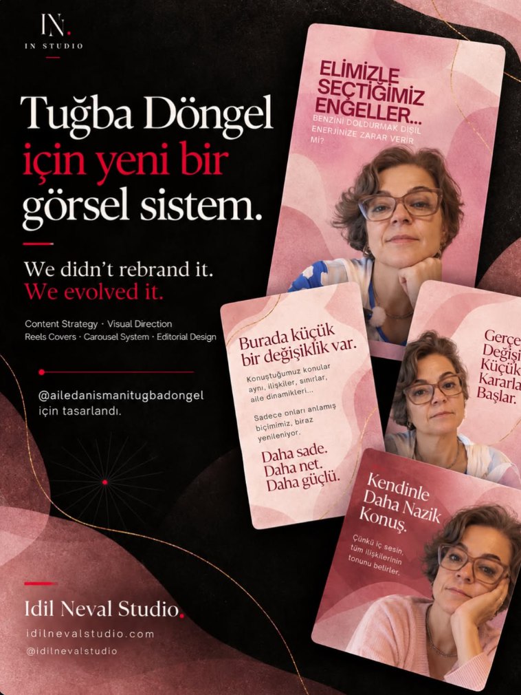 Tuğba Döngel için pembe ve bordo tonlarda hazırlanan Reels kapakları ve carousel tasarımlarını gösteren portföy görseli